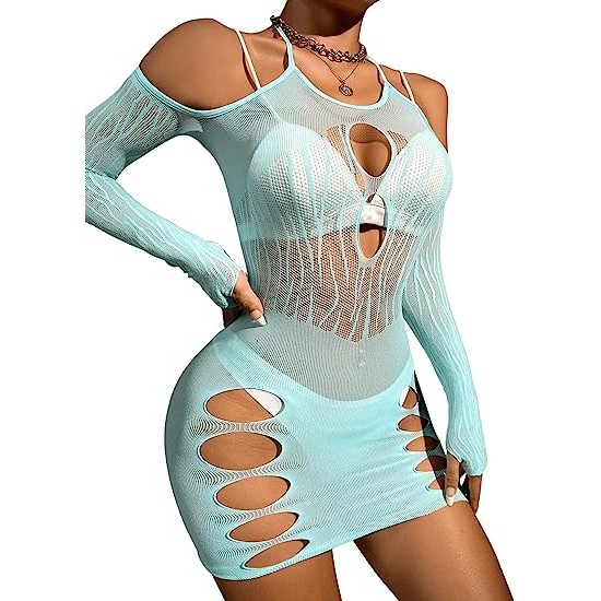 Women's Sheer Fishnet Cold Shoulder Cut Out Dresses