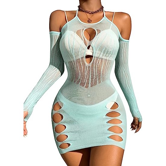 Women's Sheer Fishnet Cold Shoulder Cut Out Dresses