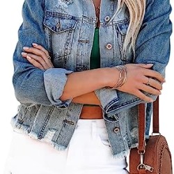 Womens Denim Jacket Distressed Frayed Ripped Jean Jacket