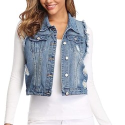 Women's Denim Distressed Classic Vest Cotton