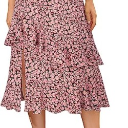 Boho Floral Printed Side Split Elastic High Waist Ruffle Layered Midi Skirt