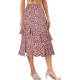 Boho Floral Printed Side Split Elastic High Waist Ruffle Layered Midi Skirt