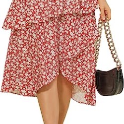 Women's  Boho Floral Print Midi Skirt Elastic High Waist Ruffle Skirts