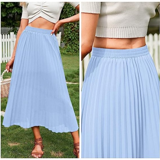 Women's Floral Printed Chiffon Elastic High Waist Pleated Long Maxi Skirt