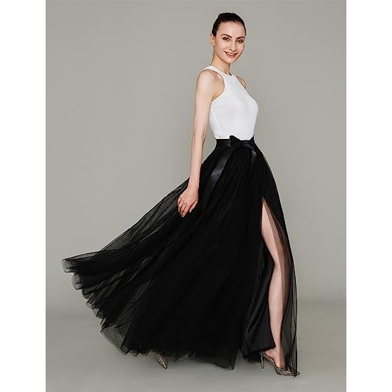 Long Floor Length Wedding Evening Party Prom Tulle Skirt with Slit