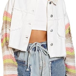 Womens Rainbow Sweater Sleeve Crop Denim Jacket