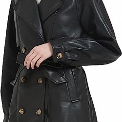 Women Mid Length Vegan Leather Trench Coat