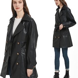 Women Mid Length Vegan Leather Trench Coat