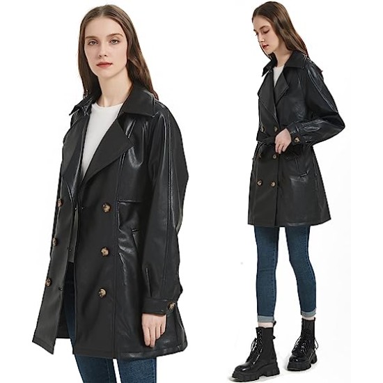 Women Mid Length Vegan Leather Trench Coat