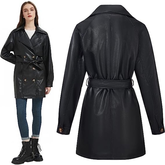 Women Mid Length Vegan Leather Trench Coat