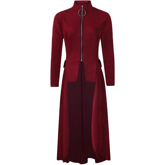 Women Long Dovetail Gothic Trench Coat Front Zipper Up Tailcoat Jacket